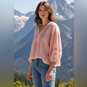 Sundance Linen Blouse Top Size Large V Neck Long Embroidered Sleeves Pintuck